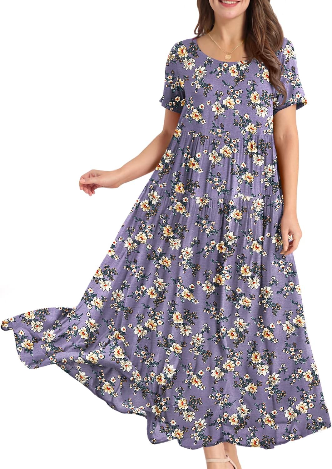 YESNO Women Casual Loose Bohemian Floral Dress with Pockets