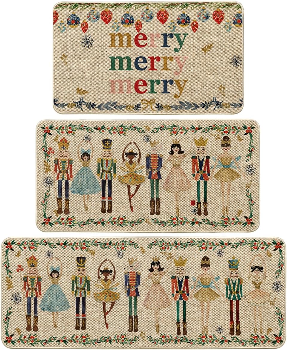 Watercolor Nutcrackers Kitchen Mats Set of 3 for Christmas