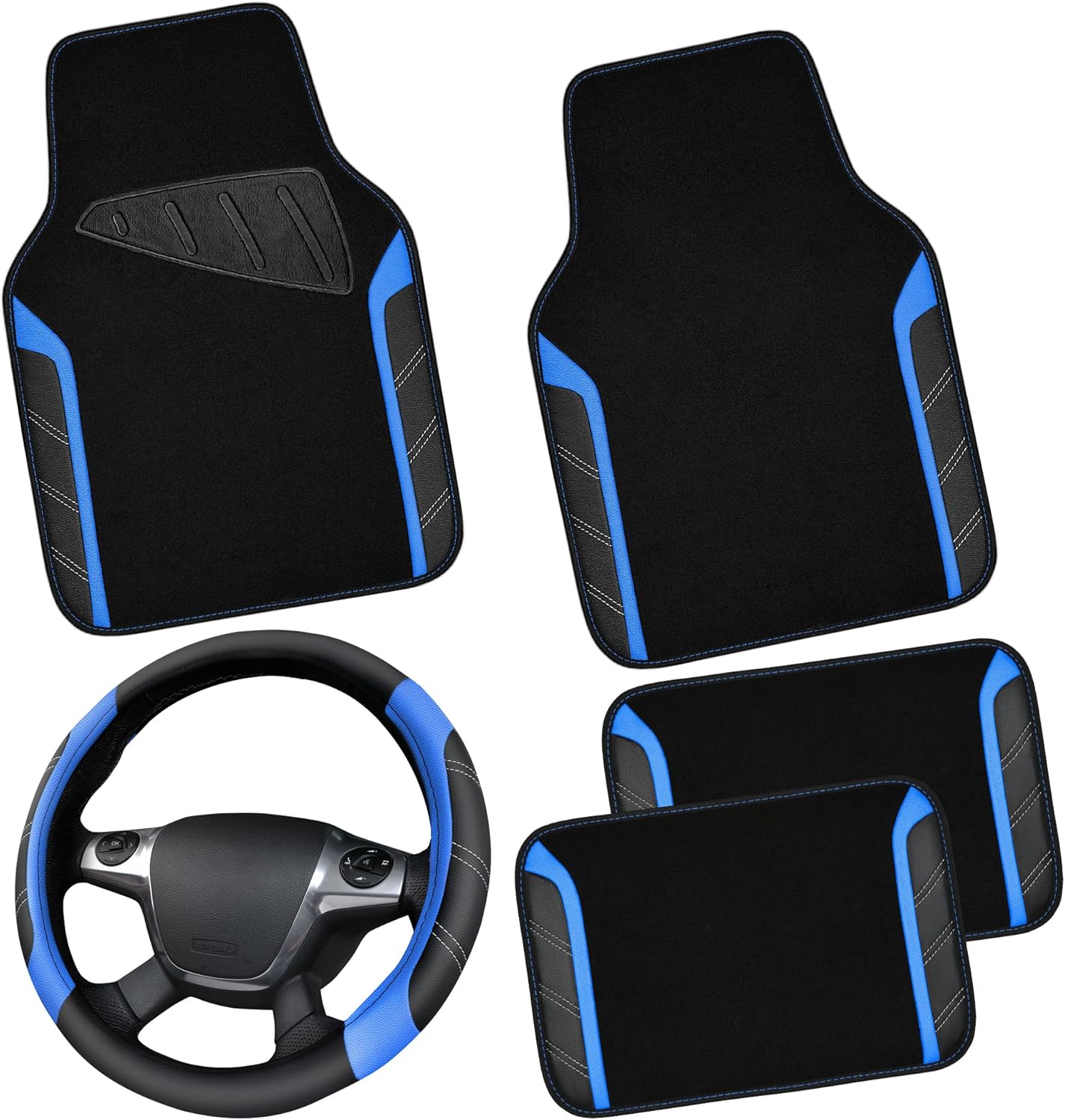 CAR PASS Leather Steering Wheel Cover and Floor Mats Combo
