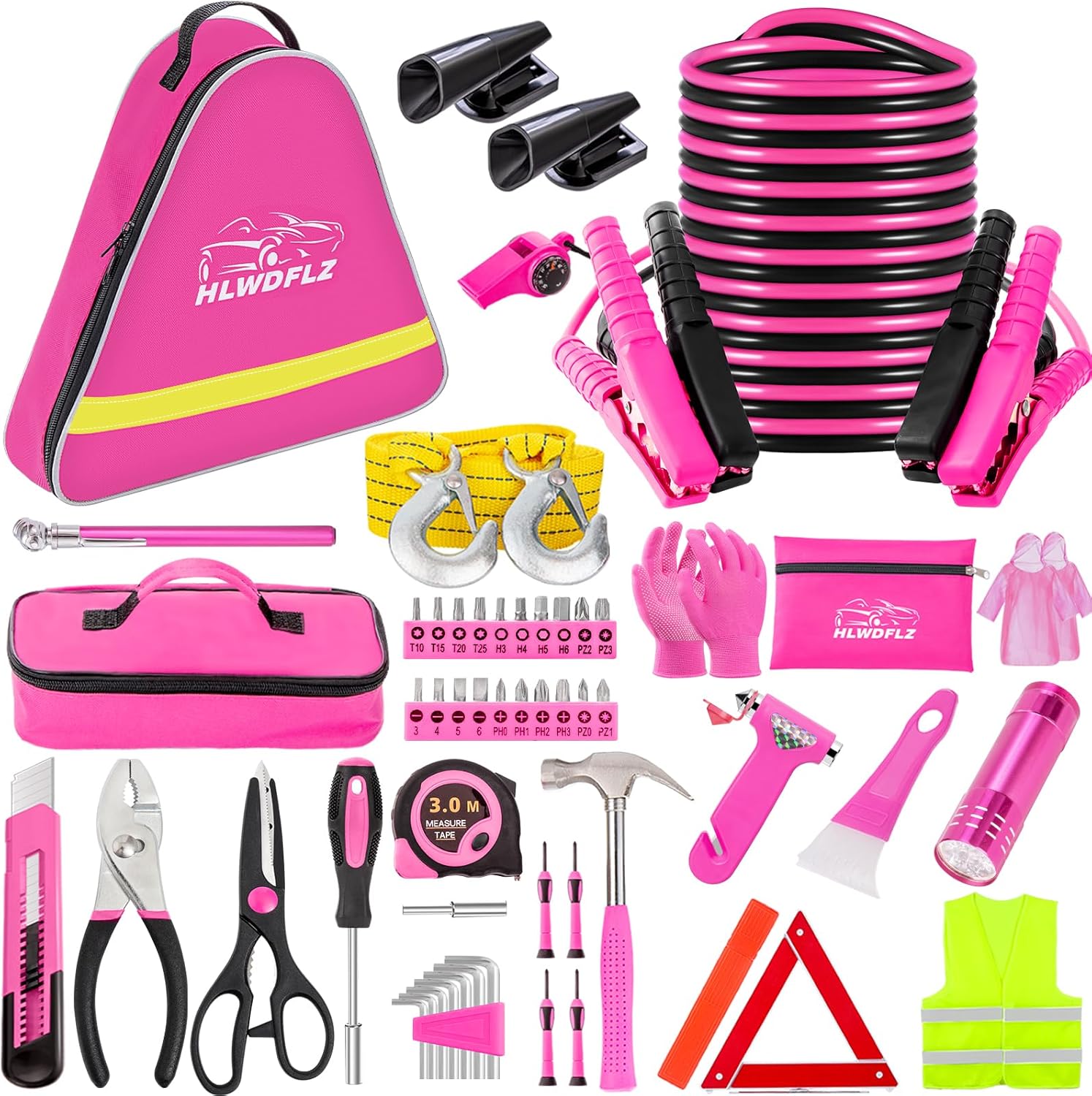 Pink Roadside Emergency Kit for Women with Essential Tools