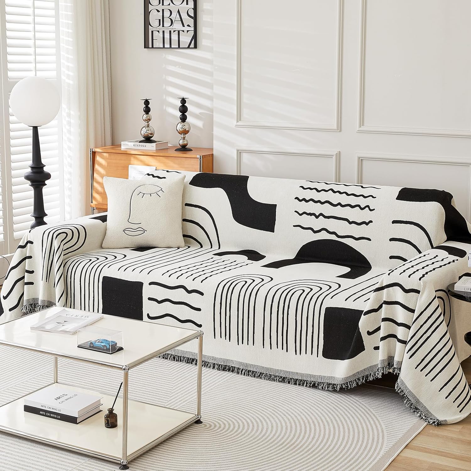 Boho Chenille Couch Cover with Tassels for 3 Cushion Sofa