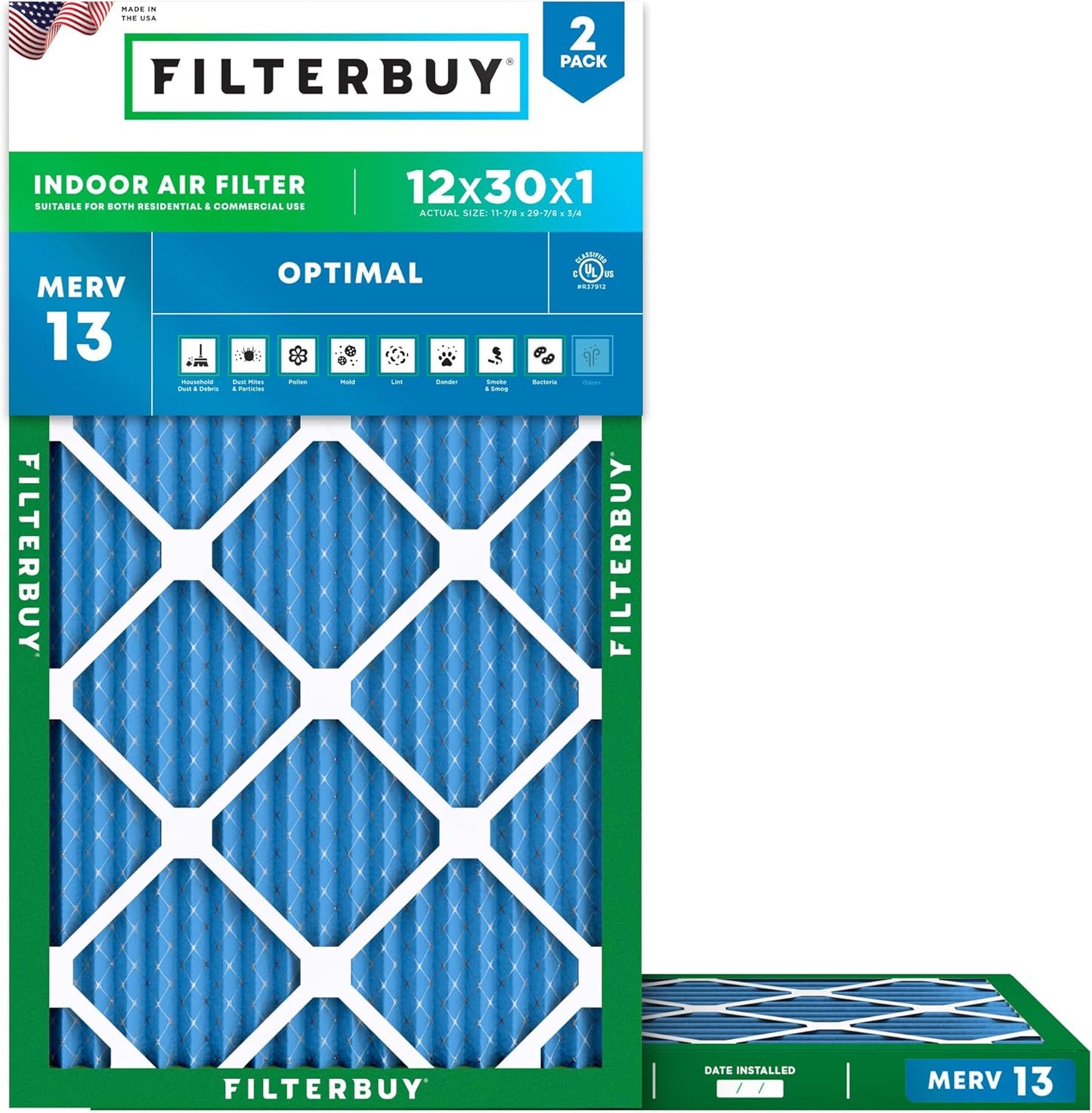 Filterbuy 12x30x1 Air Filter MERV 13 for Smoke & Allergy Defense