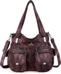 Large Women's Washed Leather Tote Bag - Double Zipper, Multi Pocket