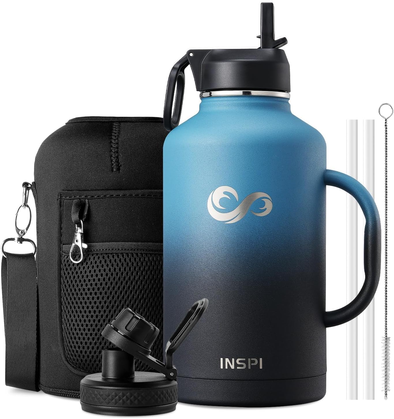 64oz Insulated Water Bottle with Straw & 2 Lids for Travel