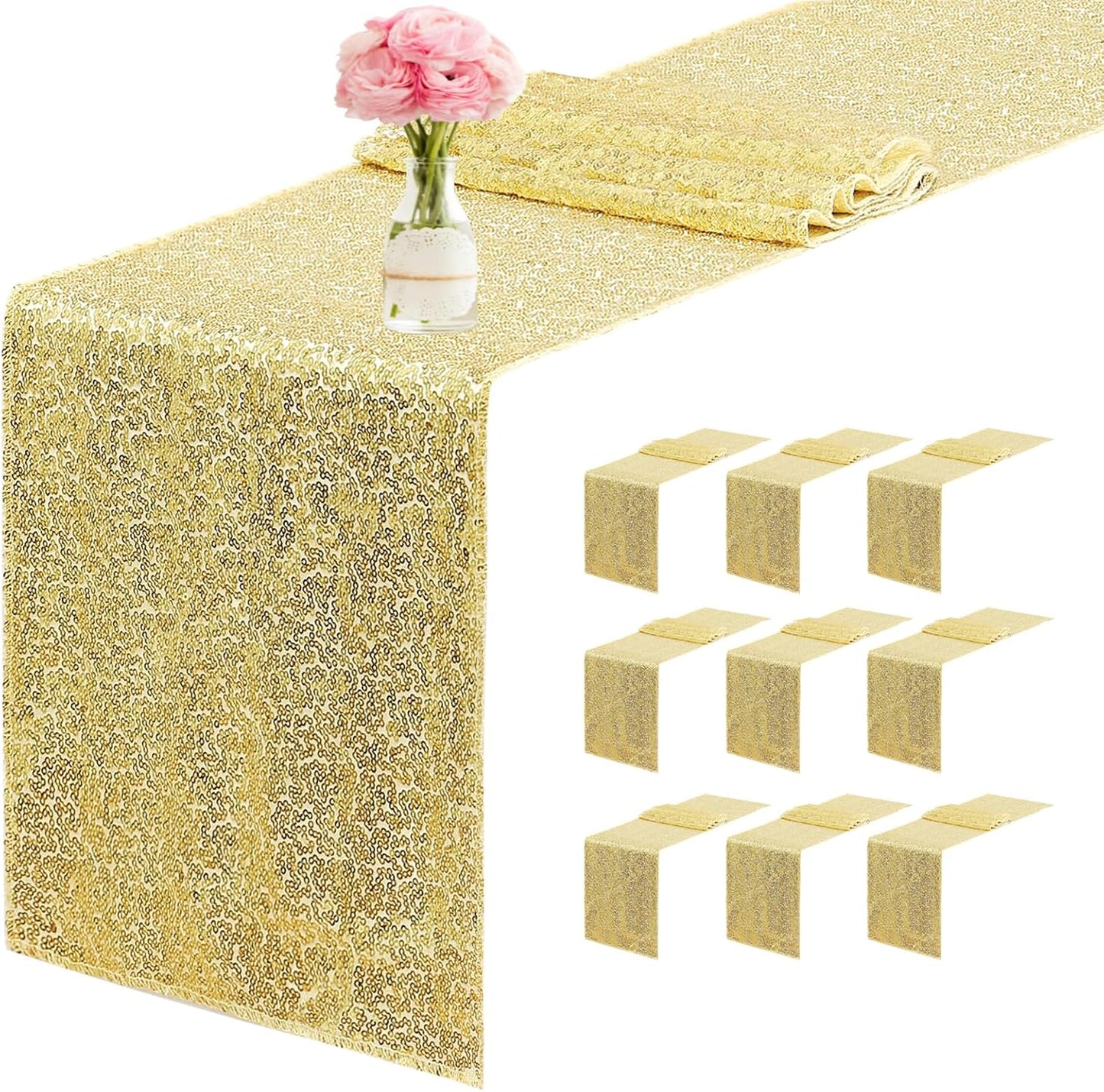 10 Packs of Gold Glitter Sequin Table Runners for Events
