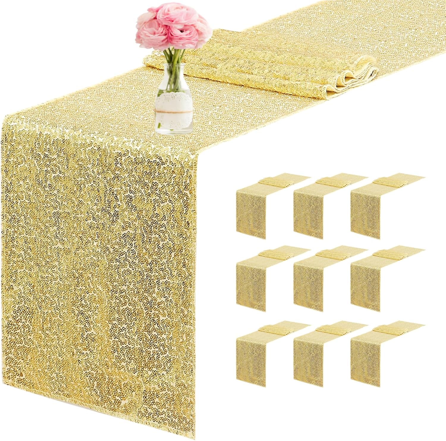 10 Packs of Gold Glitter Sequin Table Runners for Events