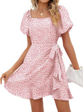 Womens Summer Square Neck Puff Sleeve Tie Waist Short Dress
