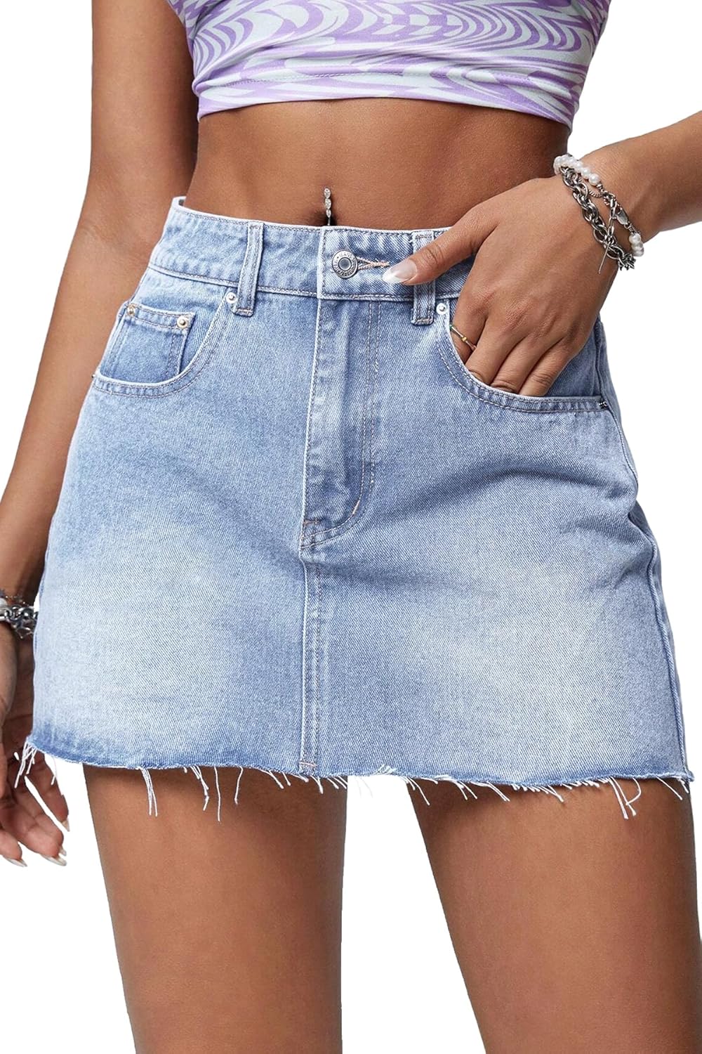 ELLEVEN Denim Mini Skirt for Women with Raw Hem and Pockets