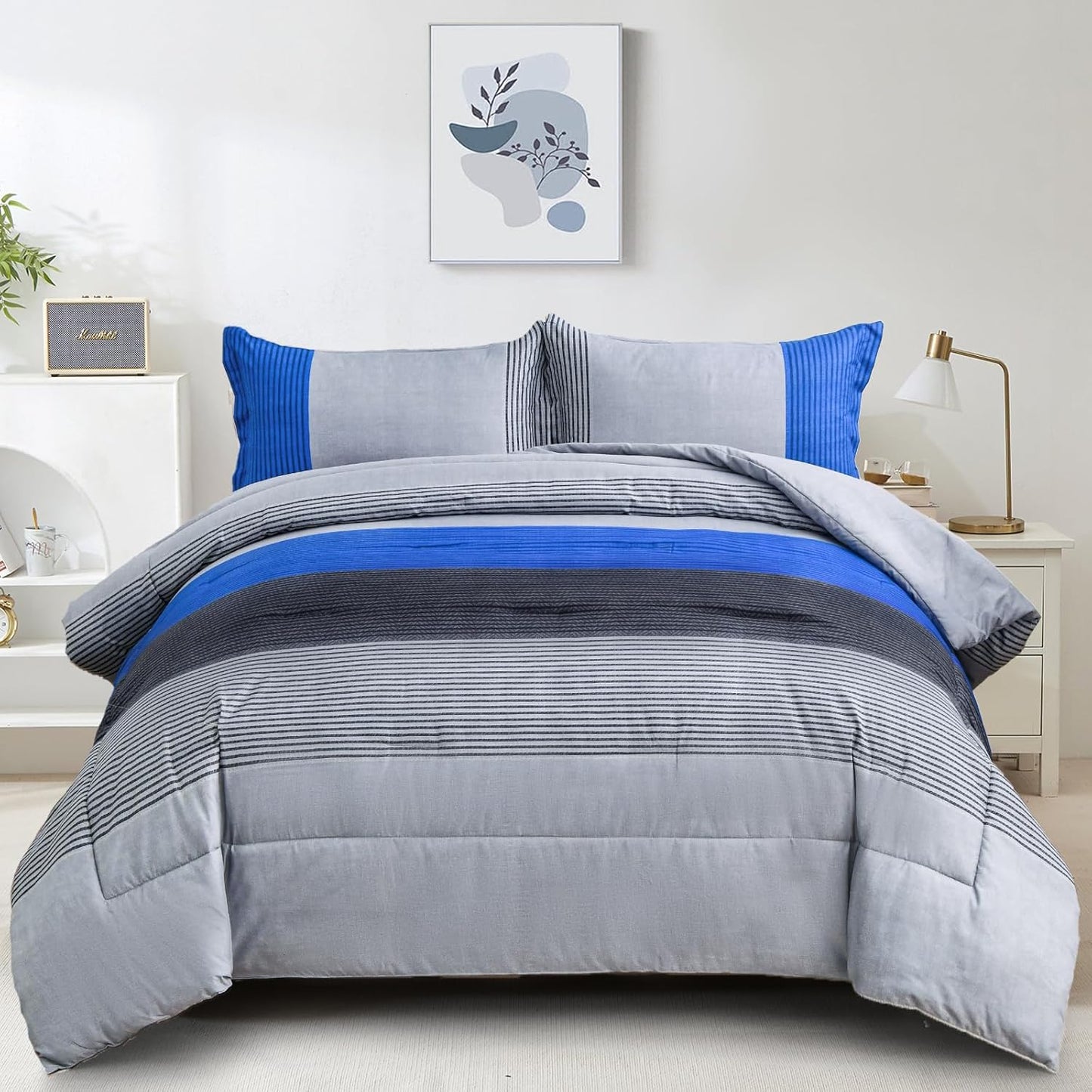 Blue Stripe Comforter Set Twin Reversible Soft Microfiber Bedding