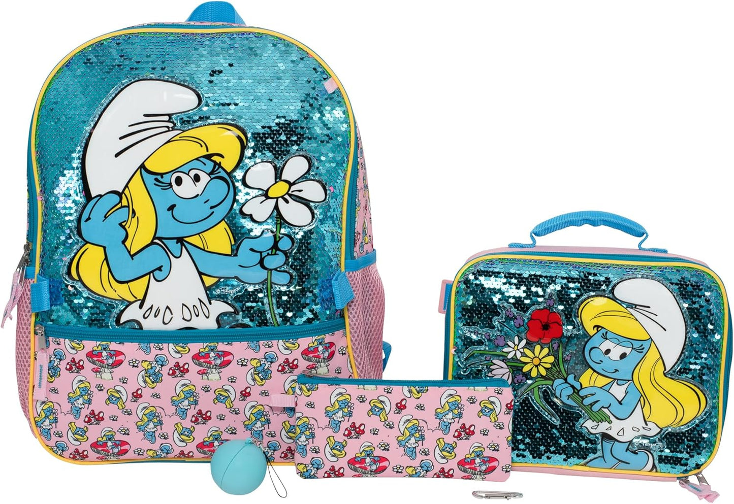 Smurfs 5 Piece Backpack Set with Flip Sequin Design for Girls