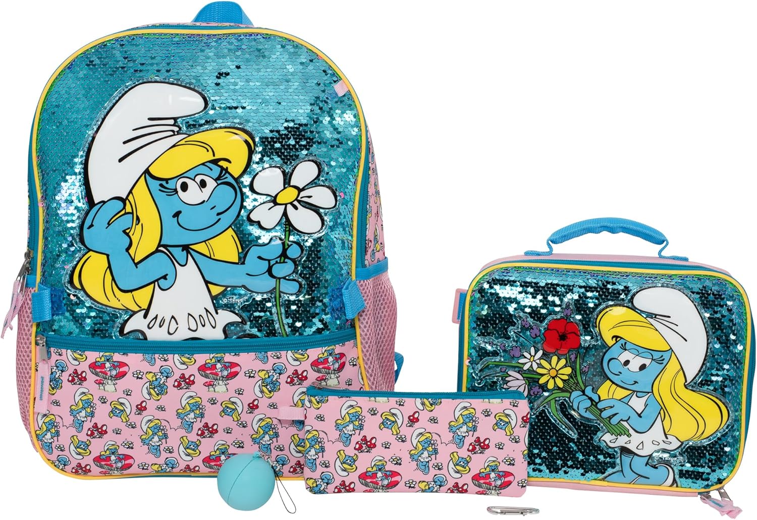 Smurfs 5 Piece Backpack Set with Flip Sequin Design for Girls