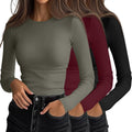 Women's Ribbed Long Sleeve Tops 3 Pack - Crew Neck Slim Fit