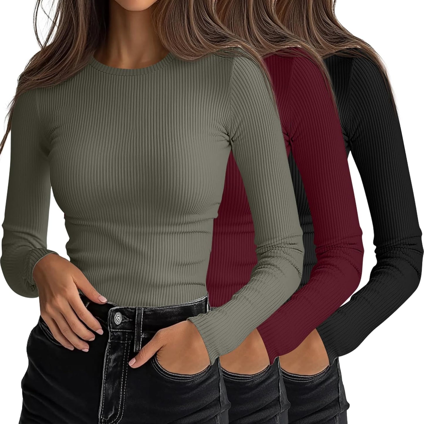 Ficerd 3 Pack Women's Ribbed Long Sleeve Tops for Every Occasion