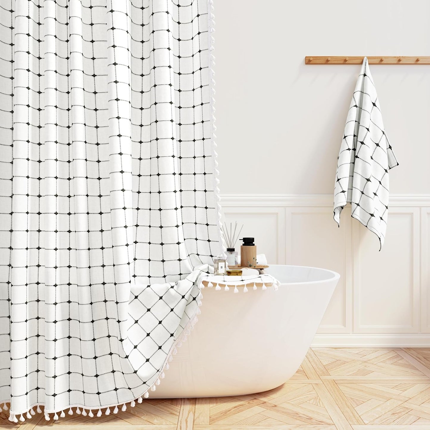 Boho Farmhouse Shower Curtain Set - 78 Inch Long Linen Style