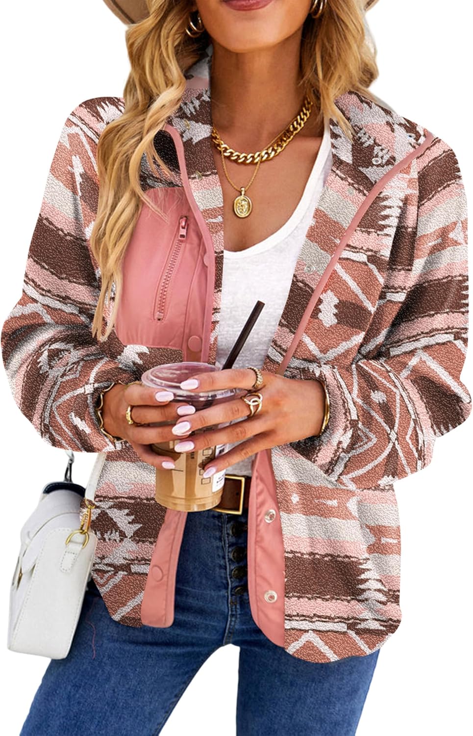 Womens Fleece Jacket with Western Aztec Print for Cozy Style