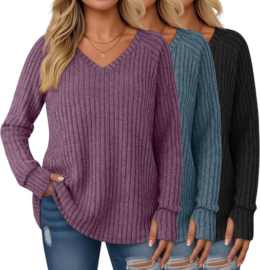 Plus Size Women's Long Sleeve Sweaters with Thumb Holes