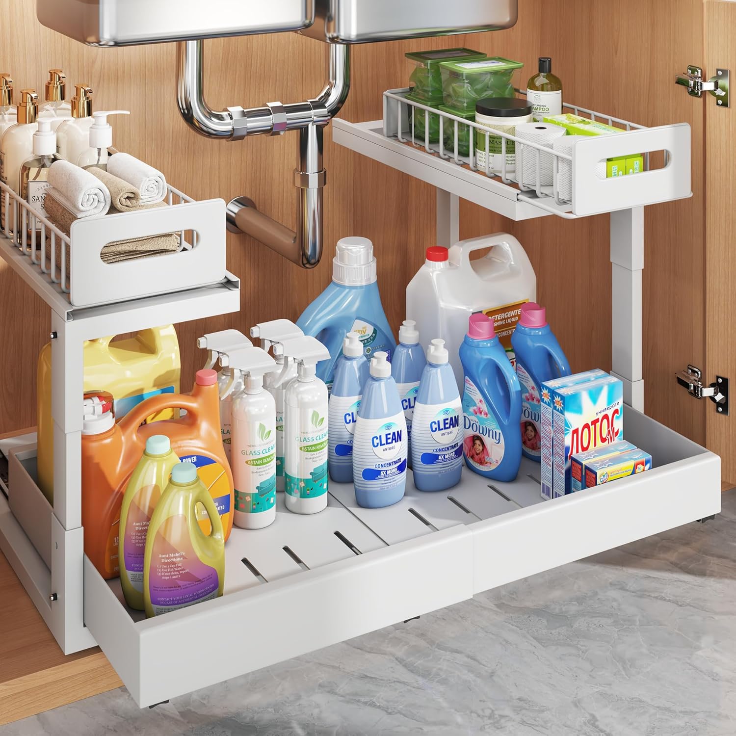 Expandable Under Sink Organizers with Adjustable Height for Cabinets