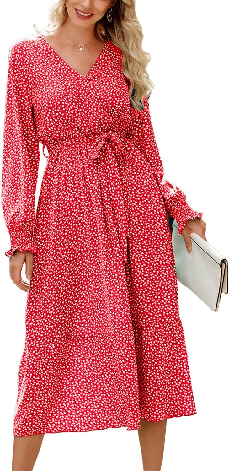Floral Boho Dress for Women - Long Sleeve Wrap V Neck Maxi