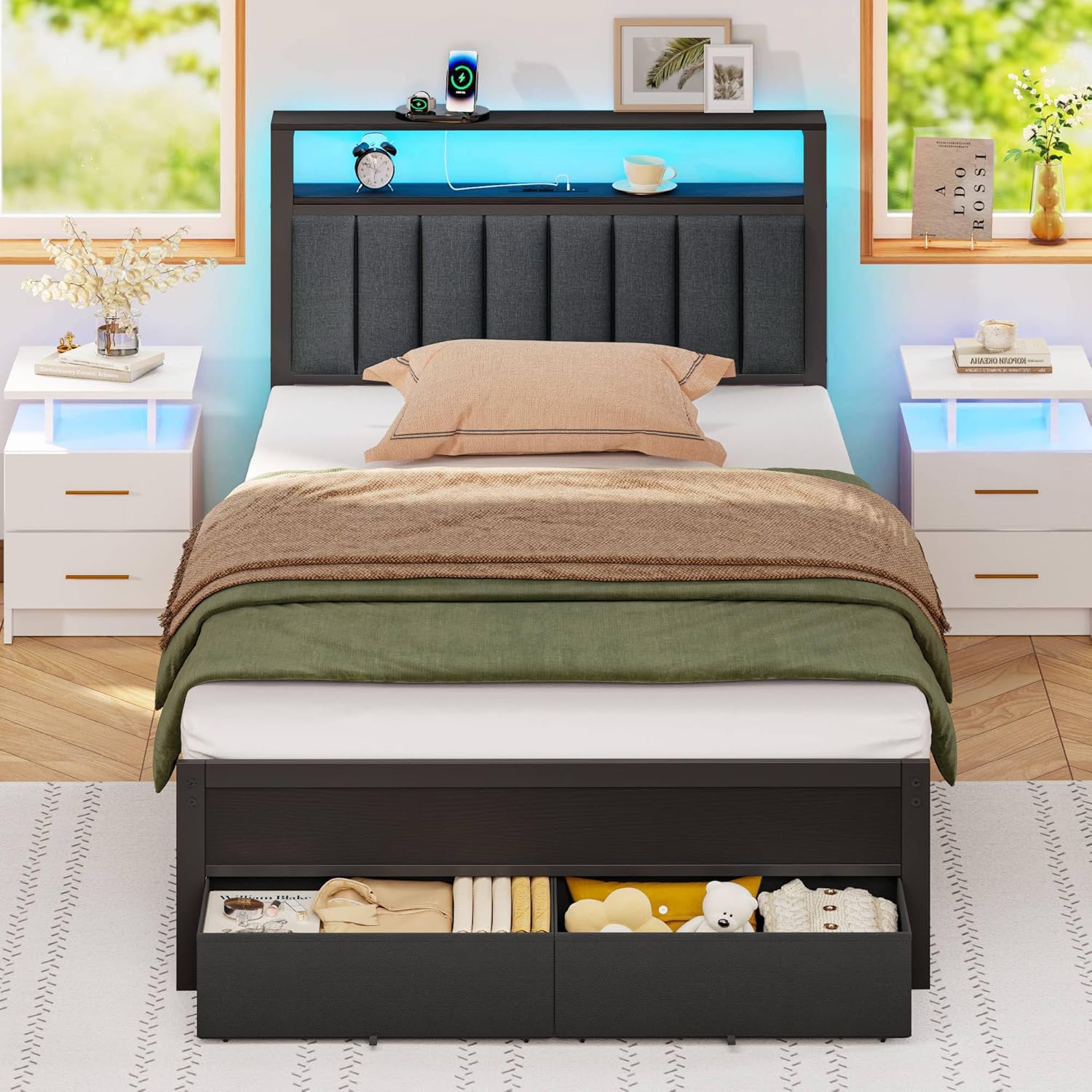 Furnulem Twin Bed Frame with LED Lights and Charging Station