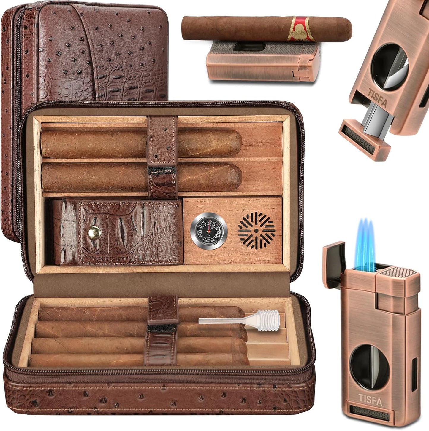 TISFA Cigar Case with Humidifier and Cigar Lighter for Travel