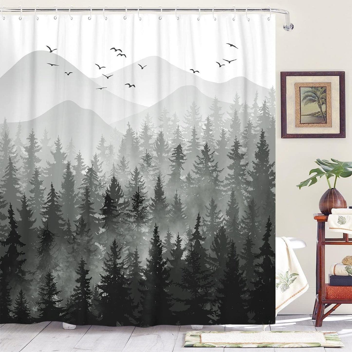 Misty Forest Shower Curtain Set - Waterproof Nature Design
