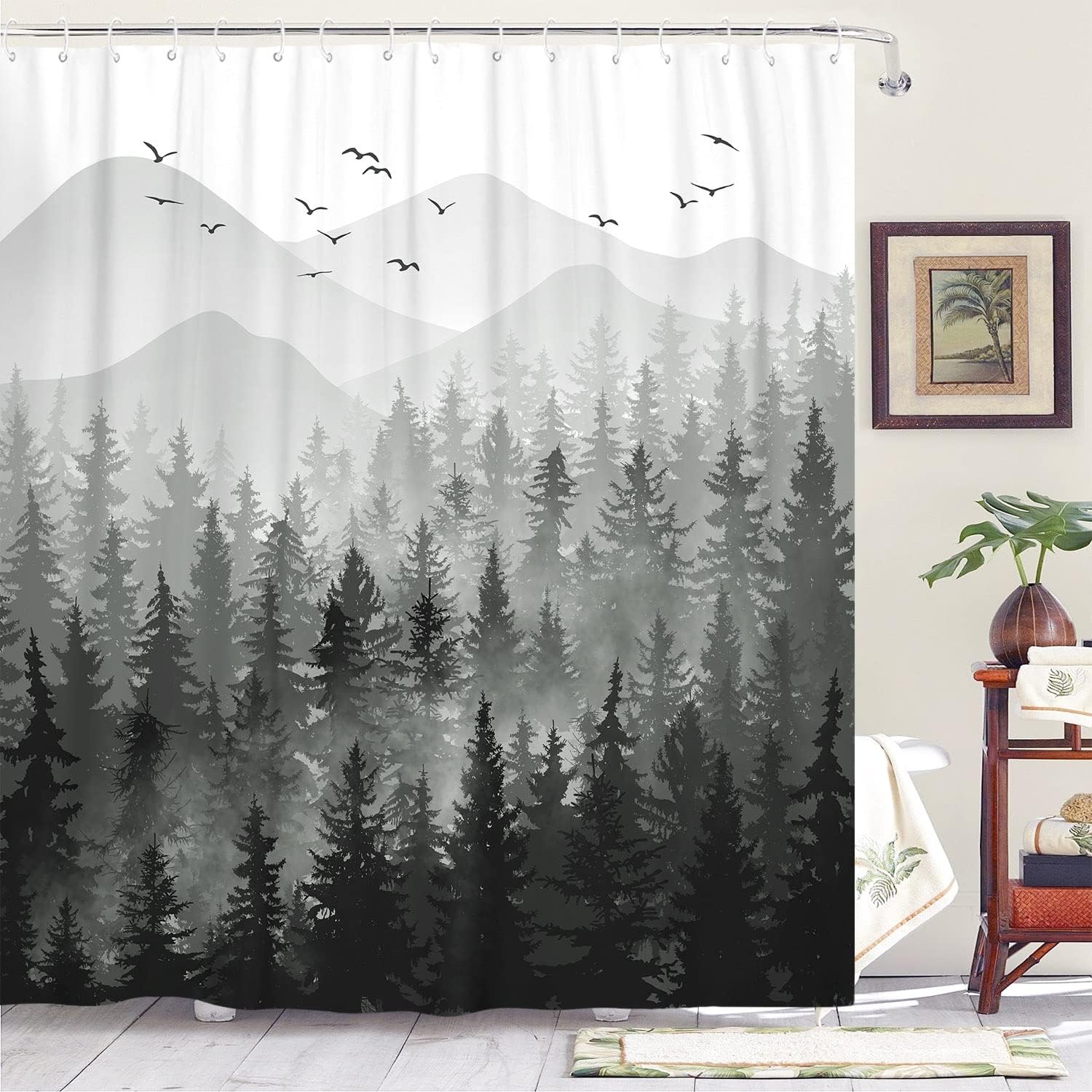 Misty Forest Shower Curtain Set - Waterproof Nature Design