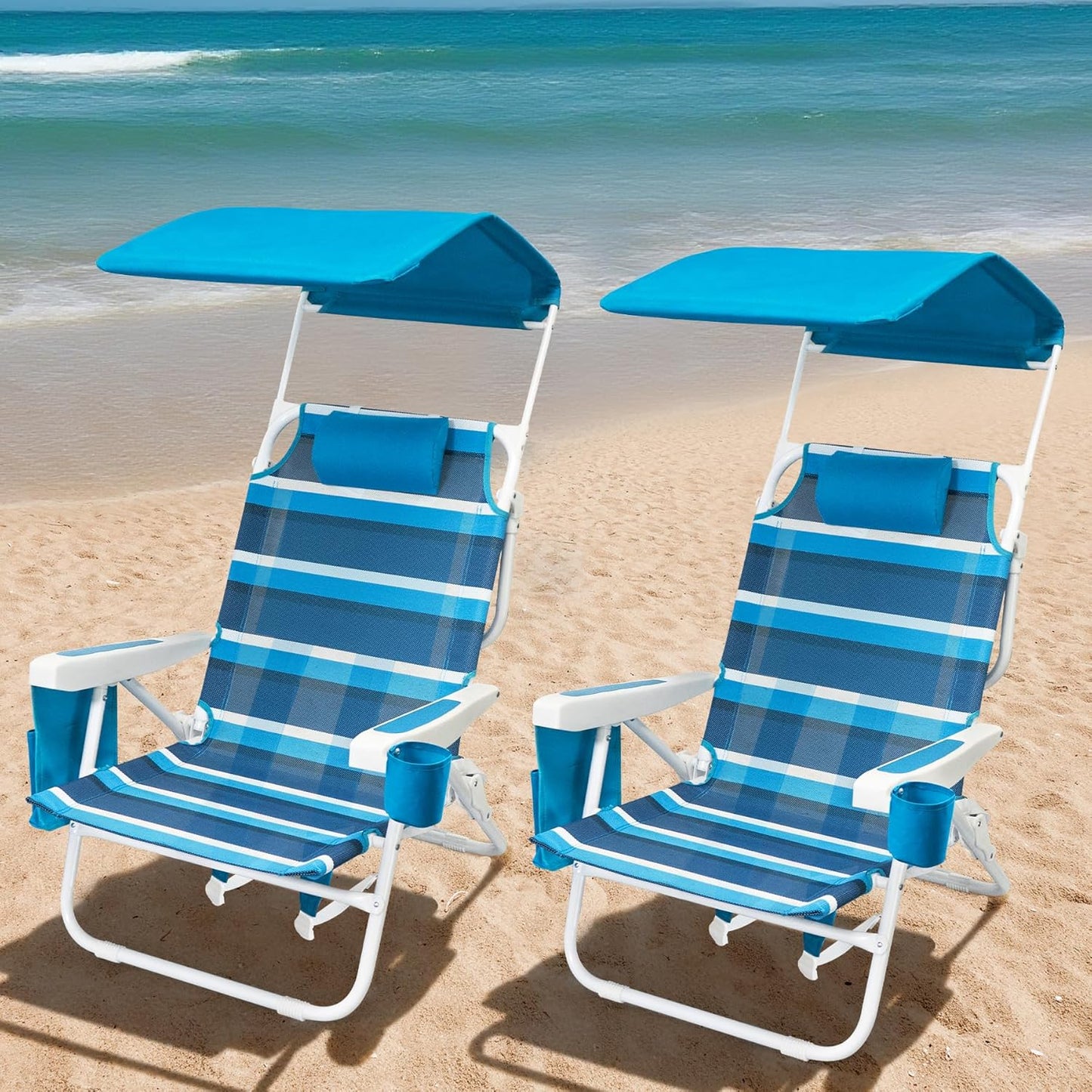 Beach Chair 2 Pack with Adjustable Positions and Cooler Bag