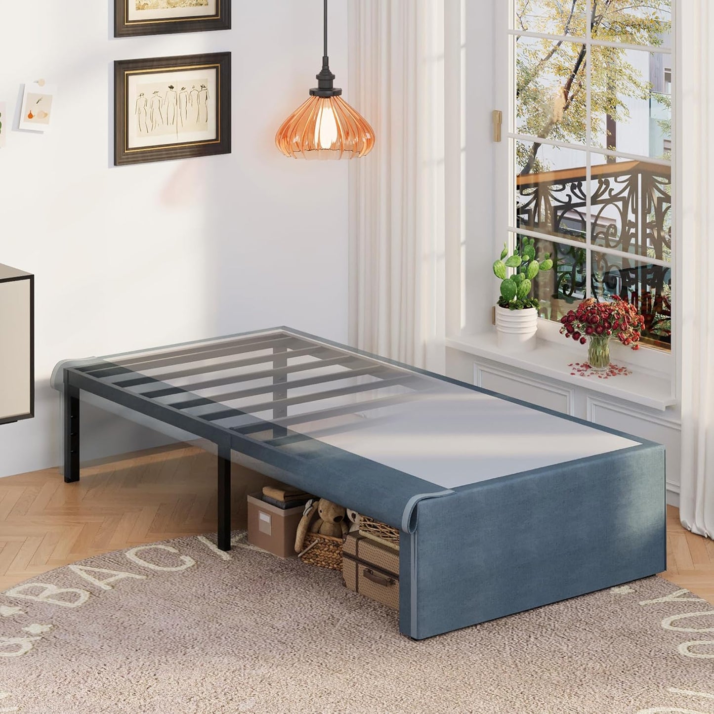16 Inch Twin Bed Frame with Fabric Cover and Heavy Duty Support