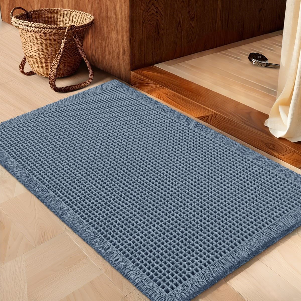 Waffle Bath Mat Blue 36in x 24in, Soft Washable Non Slip Rug