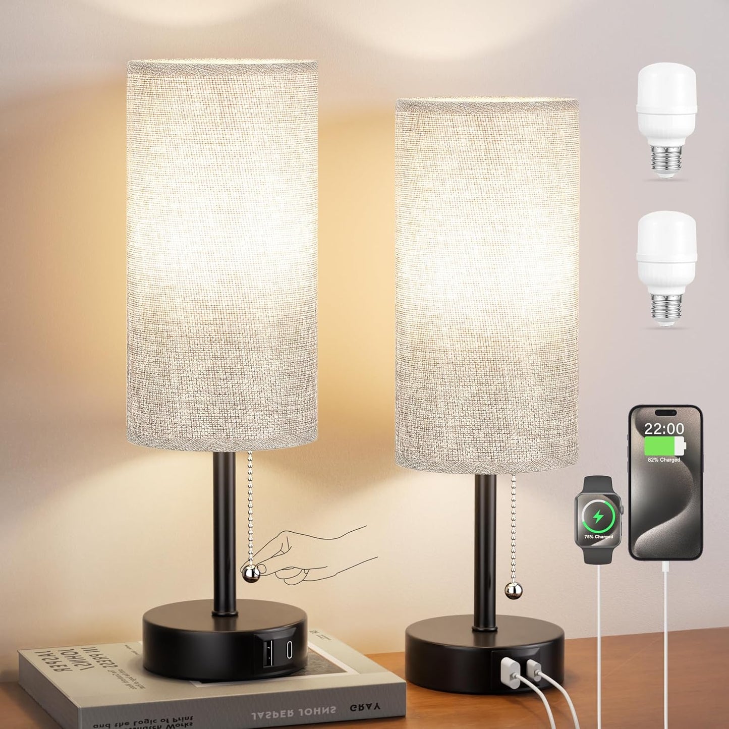 Grey Bedside Lamps Set of 2 with USB Charging Ports and 3 Colors