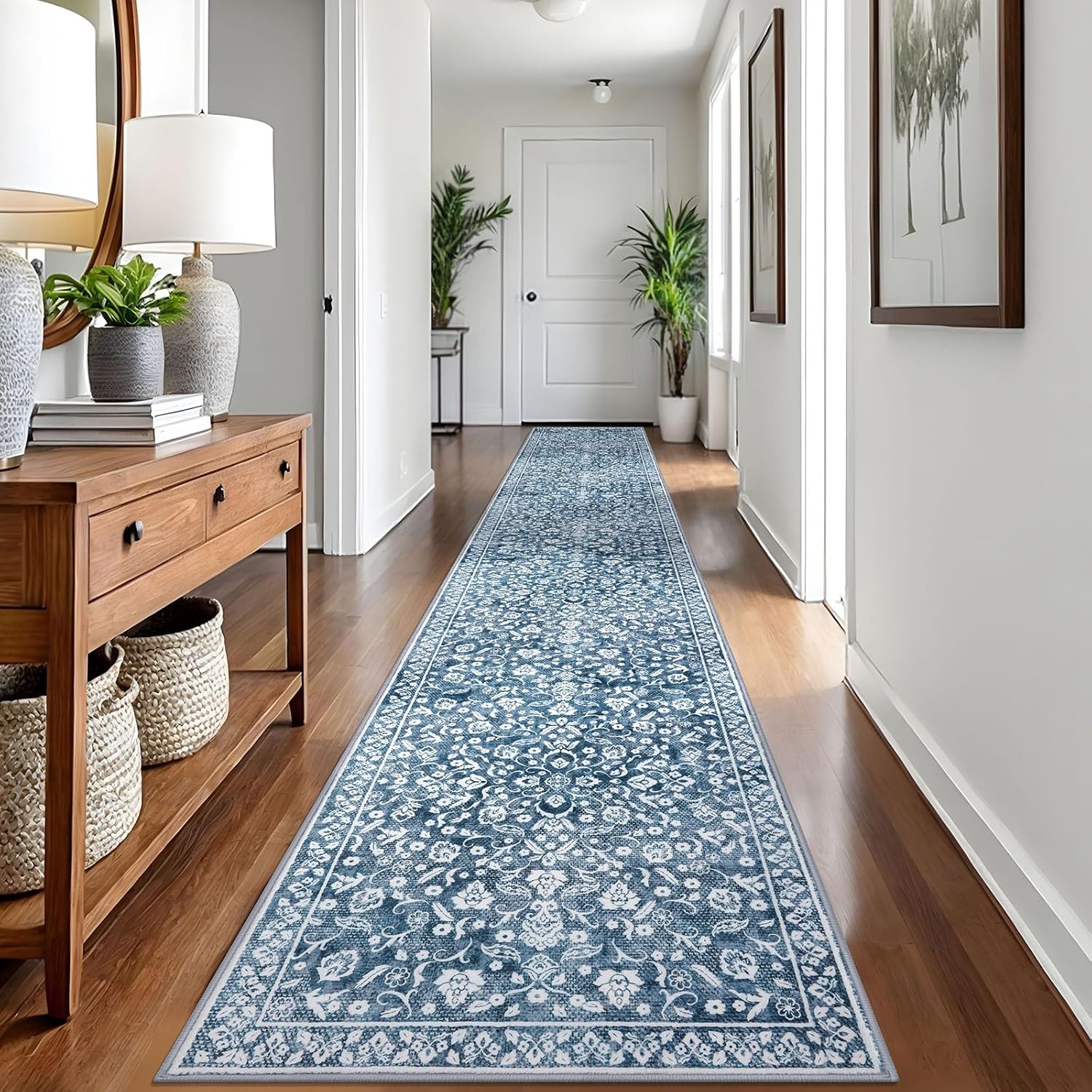 Vintage 2.6x18 Hallway Runner - Blue and White Floral Rug