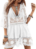 Contrast Lace V-Neck Bathing Suit Cover Up - Flowy Sheer Beach Dress