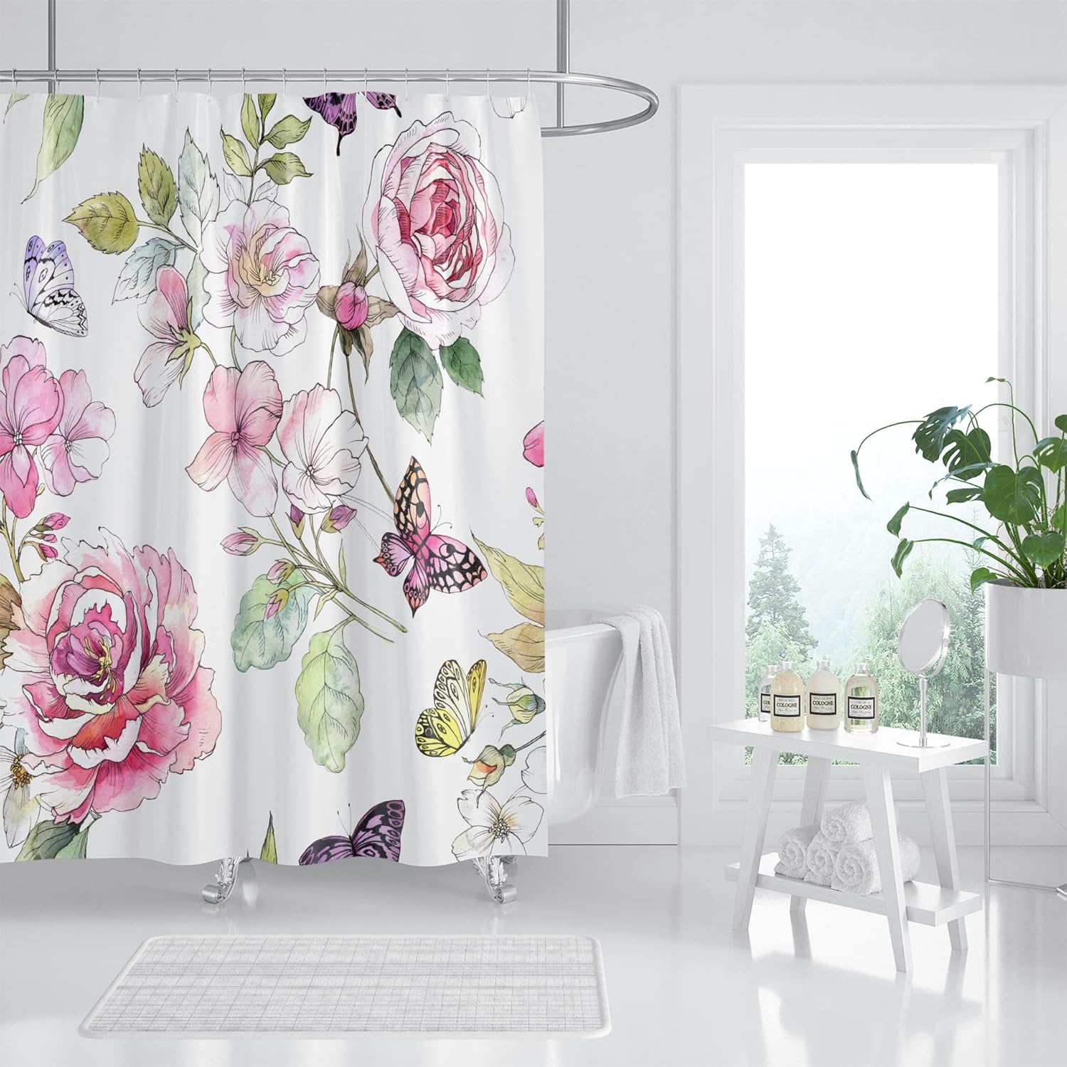 Waterproof Pink Rose Shower Curtain Set - 72x72 Inches