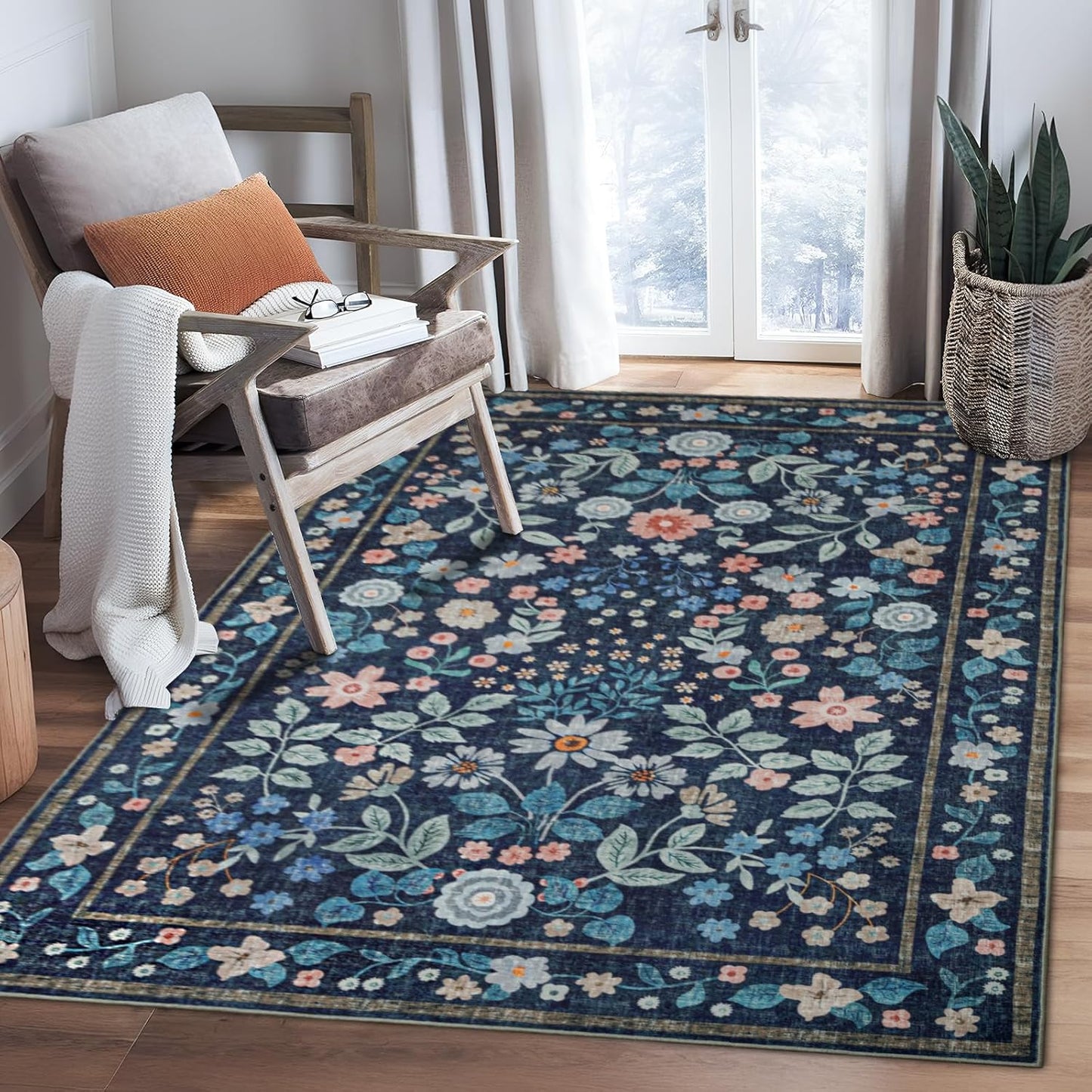 YIHOUSE Floral Blue 3x5 Washable Area Rug for Home Decor