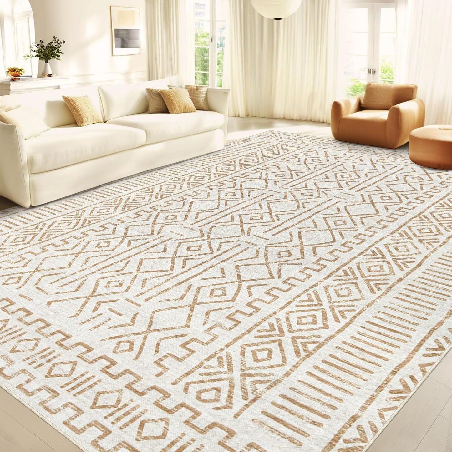 8x10 Area Rug Living Room: Washable Boho Geometric Design