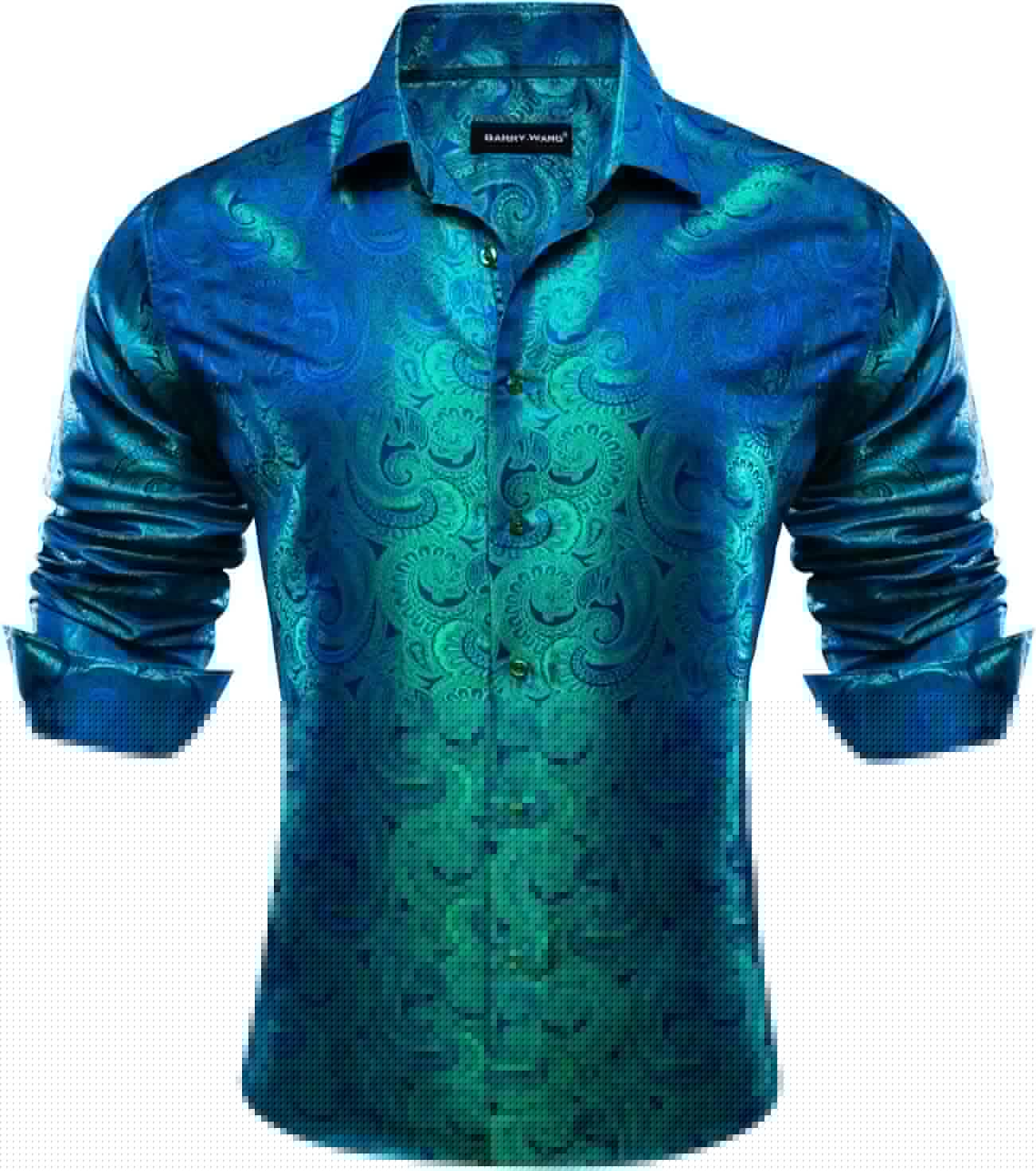 Barry.Wang Men Dress Shirts Paisley 70s Disco Silk Tops