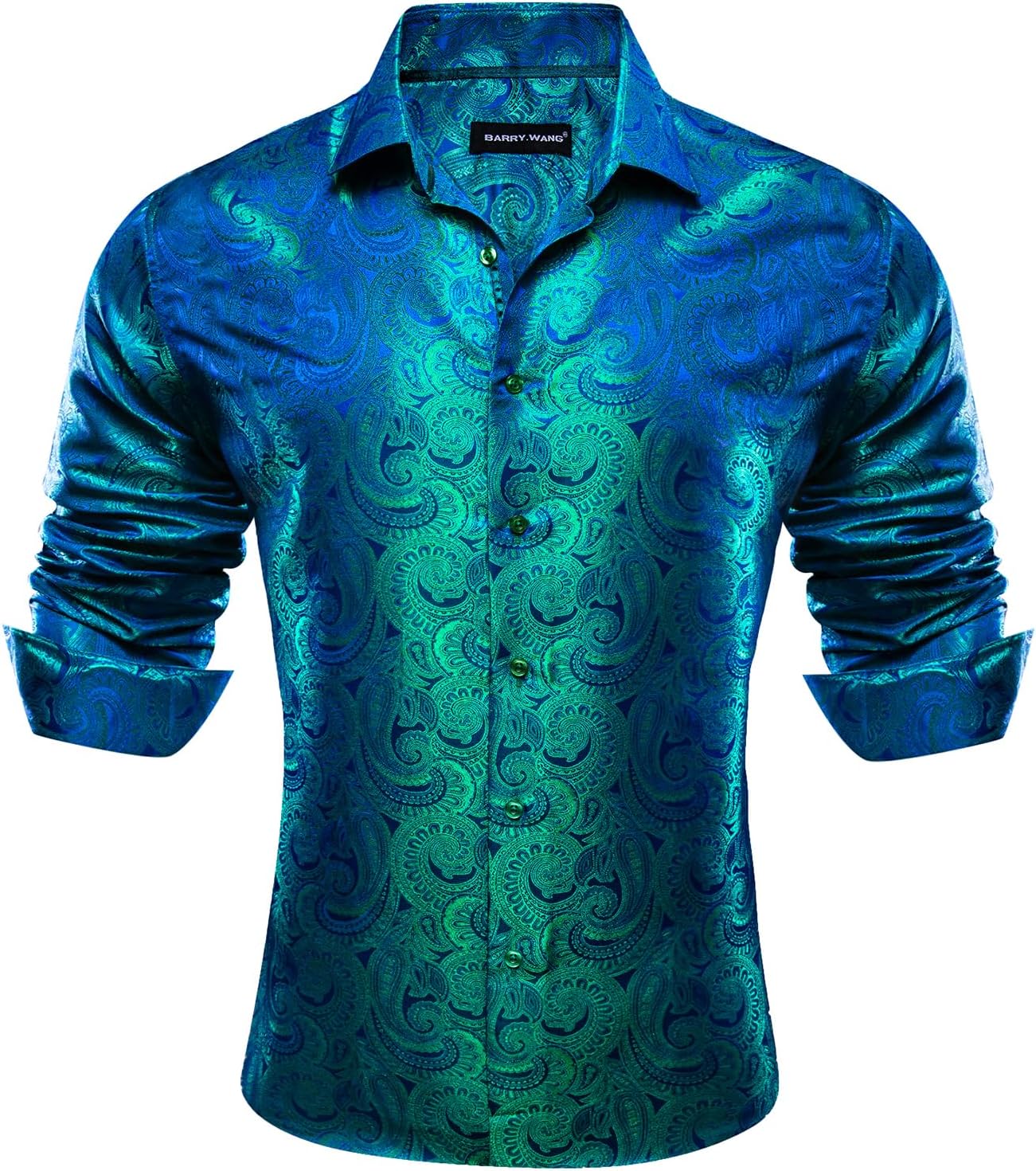 Barry.Wang Men Dress Shirts Paisley 70s Disco Silk Tops