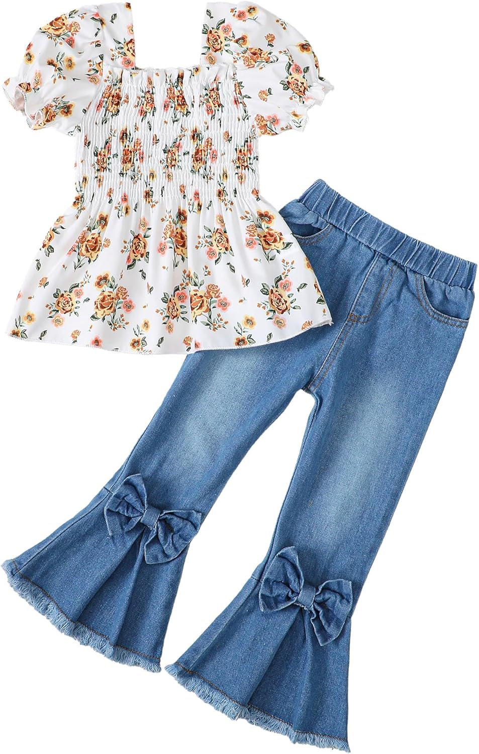 Kucnuzki Toddler Girls Cute Short Sleeve Shirt and Denim Outfit