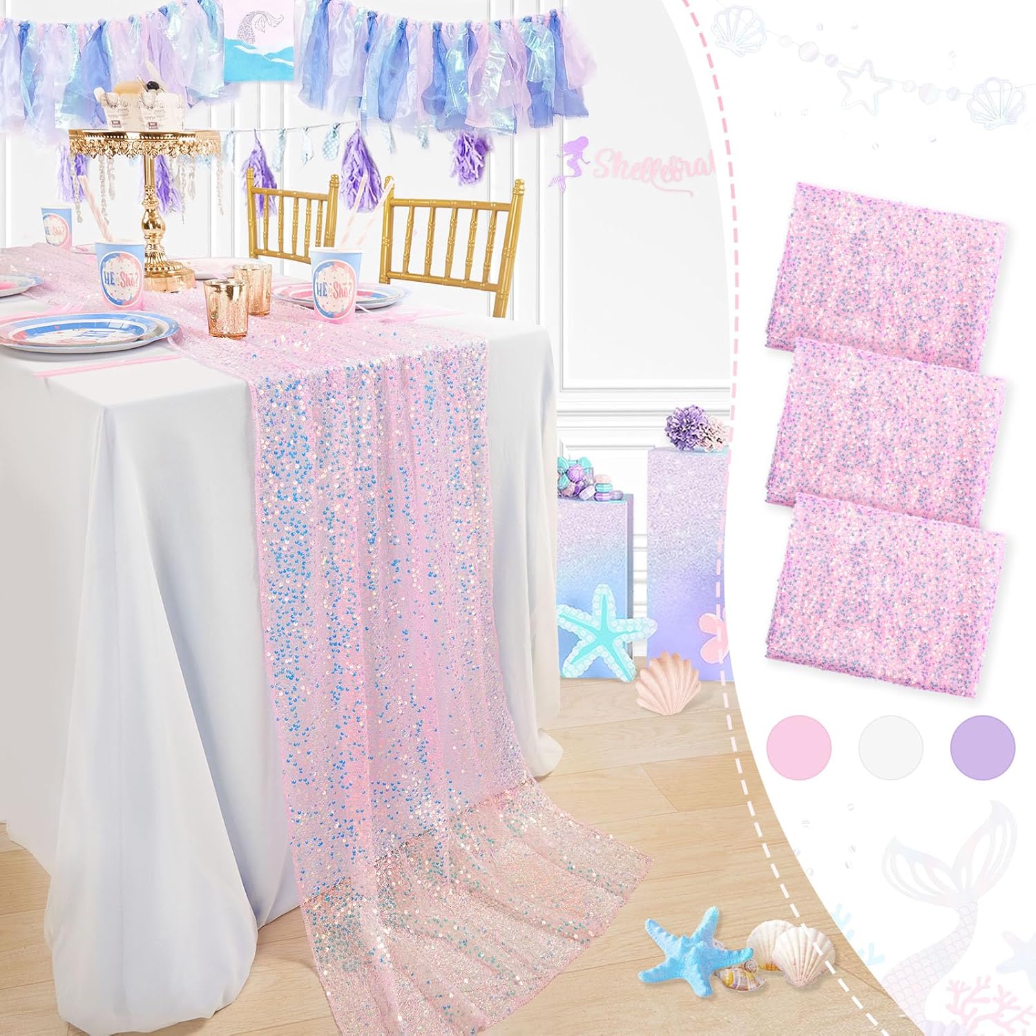 Mermaid Runner 3 Pieces Pink Table Runners for Birthday Decor