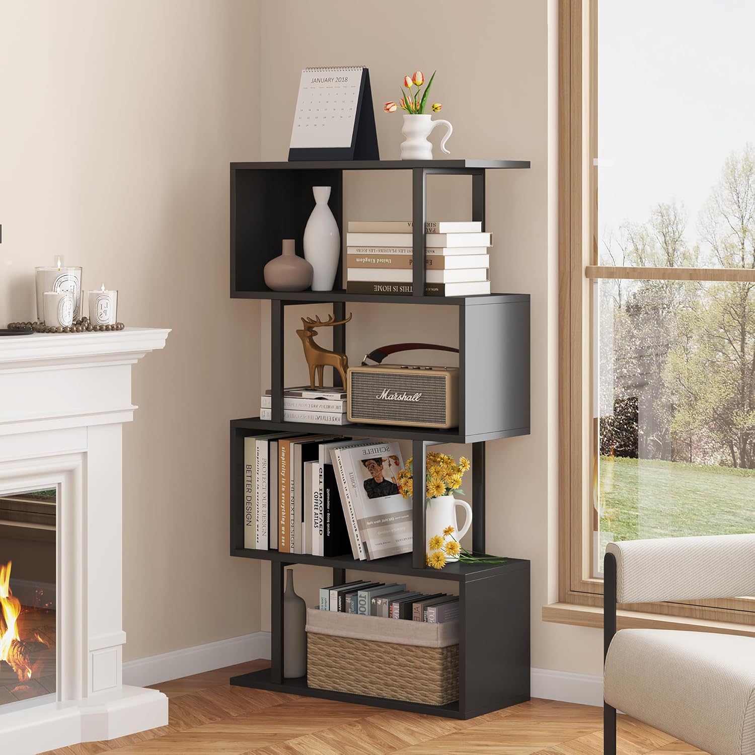 Yusong Geometric Bookcase - Modern S Shaped 4-Tier Shelf