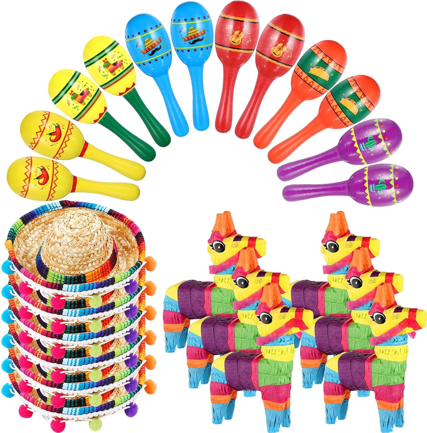 Mexican Fiesta Decorations Set with Mini Donkey Pinatas and Maracas