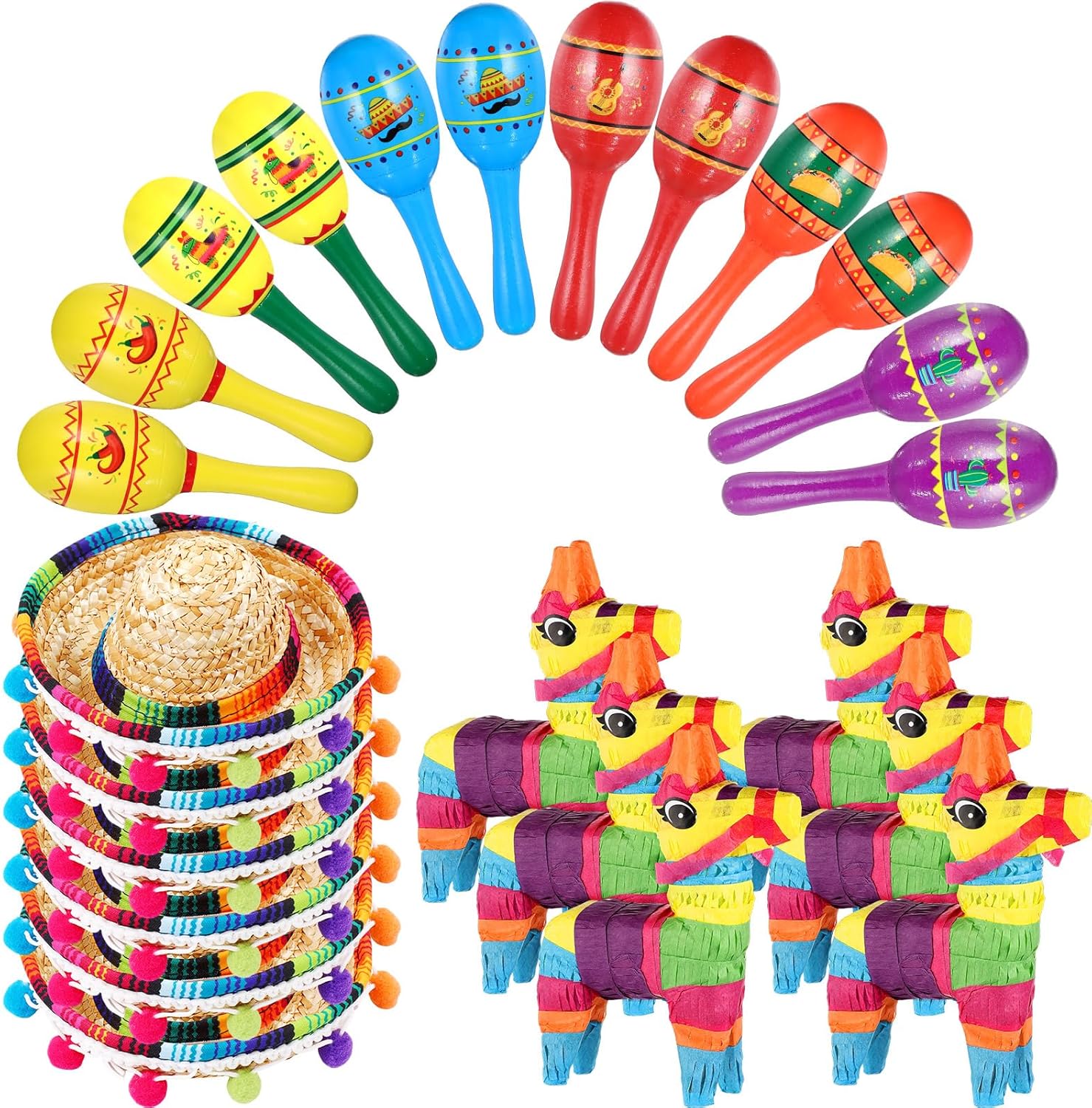 Mexican Fiesta Decorations Set with Mini Donkey Pinatas and Maracas
