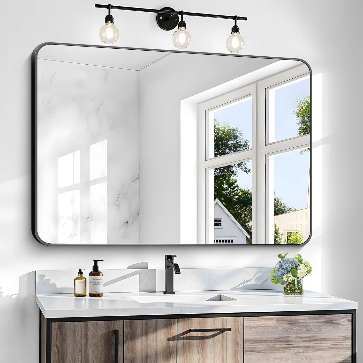 BONEWEI 36x48 inch Bathroom Mirror with Rounded Corners