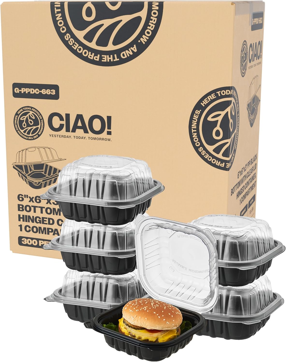 CIAO! 6x6x3 Polypropylene Black Bottom Clear Lid Container