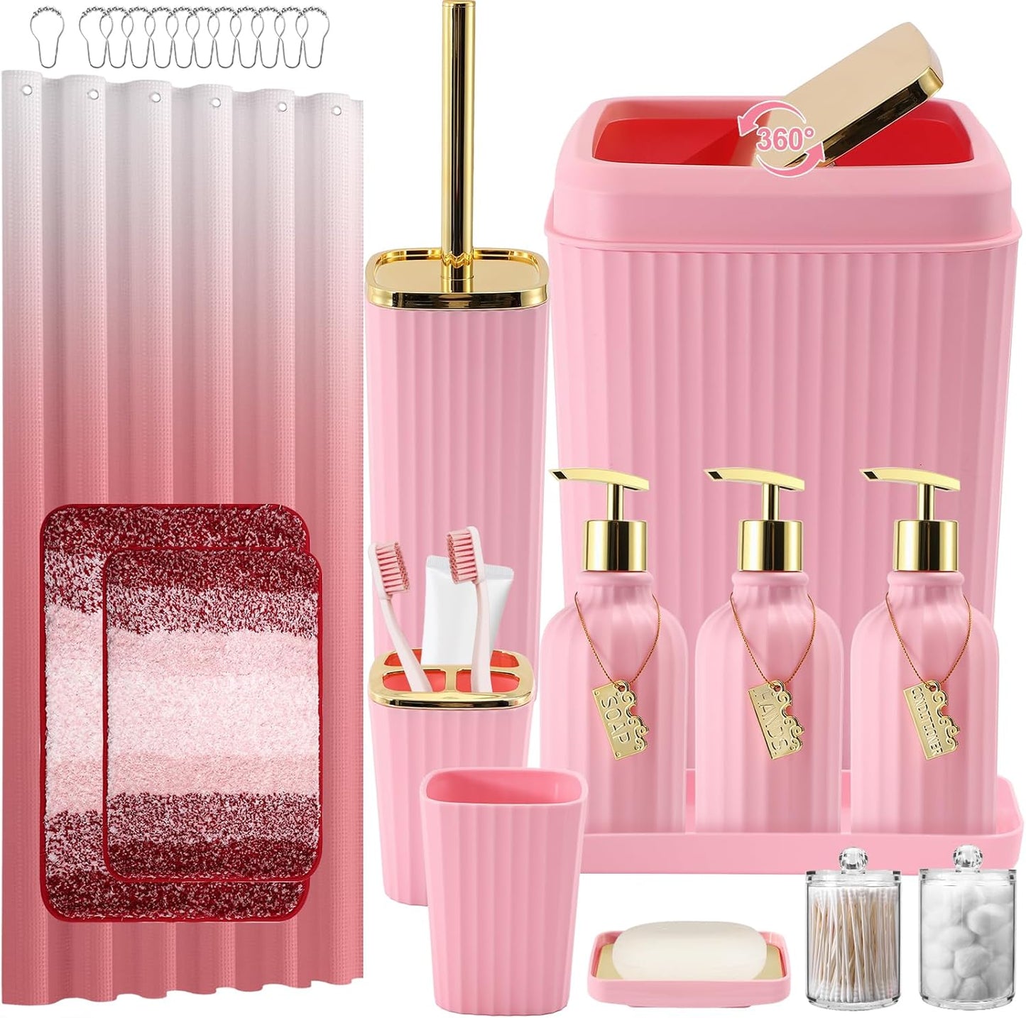 32PCS Bathroom Set with Shower Curtain and Rugs in Pink