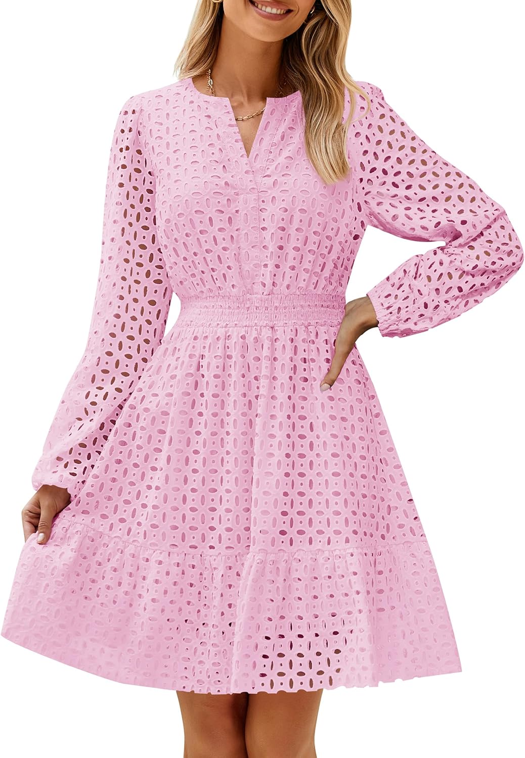 ZESICA Women's Long Sleeve Mini Dress with Eyelet Embroidery