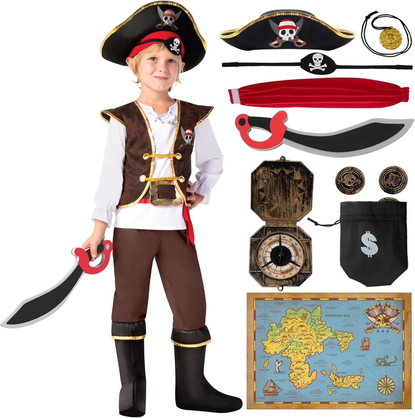 Kids Pirate Costume Set for Halloween Dress Up and Parties