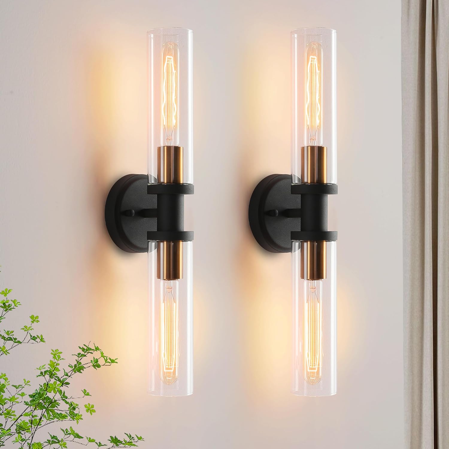 Black and Brass Gold Wall Sconces Set of Two with Glass Shade