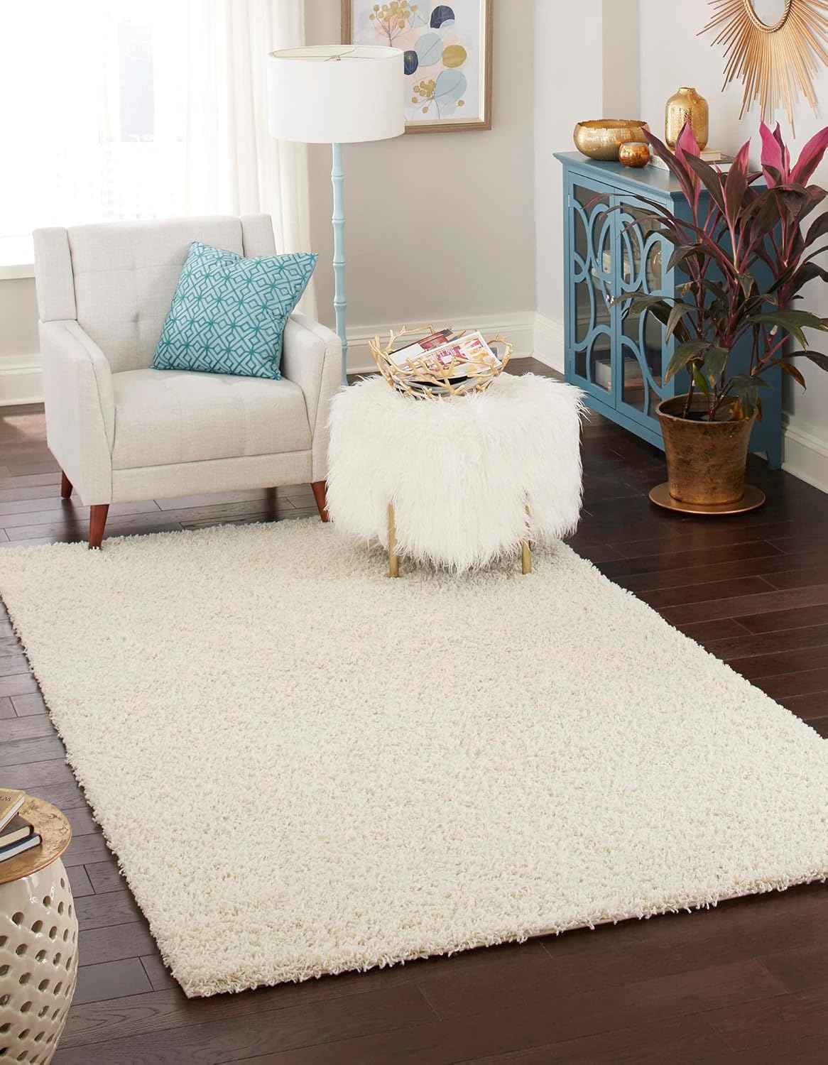 Uber Cozy Solid Shag Collection Rug 4ft x 6ft Pure Ivory Style