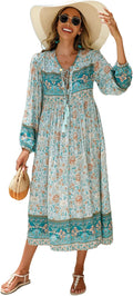 R.Vivimos Women's Long Sleeve Bohemian Midi Dress - Flowy Retro V-Neck